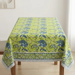 Nappe en coton imprimée à la main indienne, motif floral vert jaune bleu, rectangulaire, style bohème, pour salle à manger - Product Image 2