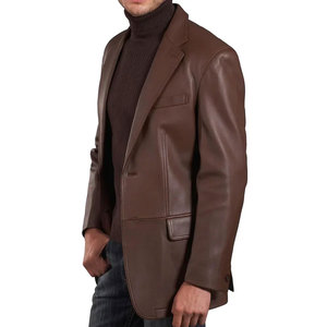 Men's Brown Genuine <b>Leather</b> <b>Long</b> <b>Jacket</b> Collar Casual Style Autumn Wear Regular Fit Solid Color - Product Image 3
