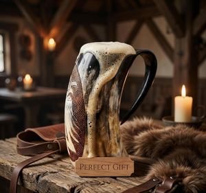 Jarra de cerveza vikinga hecha a mano con diseño de símbolo nórdico, taza de madera vintage para beber, regalo para despedida de soltero - Product Image 6