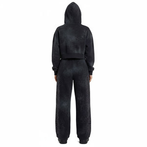 OEM Custom Winter Casual Heavyweight Patch Rhinestone Embroidery Acid Wash Set Flared Sweatpants <b>Zip</b>-<b>Up</b> Hoodie Unisex Tracksuit - Product Image 2