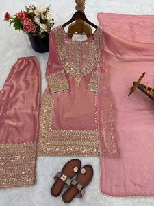 Fully <b>Stitched</b> & Ready to Wear Pure Heavy Simmer silk With Heavy Embroidery Sequence Work Top Sharara and Dupatta Set for Womens - Product Image 6