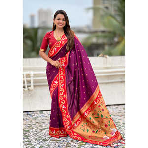 Sari en soie Paithani Rajhans tissé en zari magenta, châle indien haut de gamme, tissages d'élite, 650g - Product Image 6