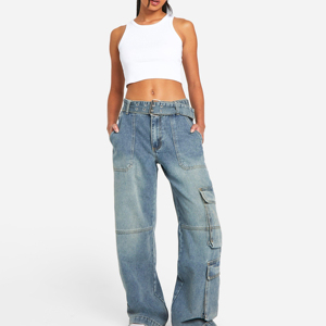 Jeans personnalisés de qualité supérieure pour femmes, pantalons en denim délavé, jeans droits tendance de couleur unie pour filles - Product Image 2