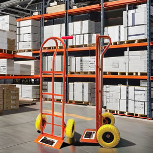 Red Steel Hand Cart With 2 Yellow <b>Wheels</b> Durable Powder Coated Industrial Platform Trolley - Product Image 2