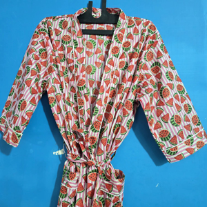 Robe Kimono Longue en Coton Imprimé à Col en V pour Femme, Peignoir Bohème à Motifs Fruités, Séchage Rapide, Respirant et Léger, Idéal pour la Détente - Product Image 1