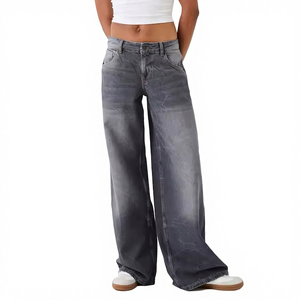 Jean gris délavé pour femme, coupe large, taille haute, style vintage, ample, streetwear - Product Image 1