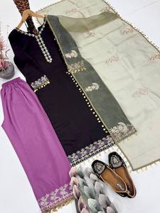 Ensemble Kurti Palazzo Noir de Créateur avec Dupatta Brodé pour Femme – Tenue de Soirée Élégante, Costume Ethnique avec Broderies Zari et Fil - Product Image 4