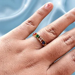 Anillo Ajustable de Moda para Mujer, Chapado en Oro Sólido, Latón Antideslustre, Joyería con Piedras Preciosas Naturales, Anillos Personalizados con Circonitas Cúbicas Multicolores Arcoíris - Product Image 3