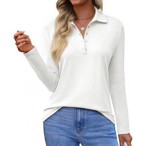 Chemises polo à manches longues pour femmes, décontractées, col en V, boutonnées, coupe ample, blanches - Product Image 1