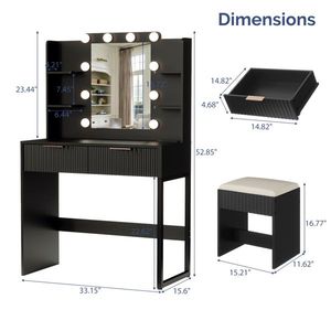2-Drawer 4-Shelf Black Particleboard Dressing Table Set with Melamine Finish 10 Three-Tone Light Bulbs Included <b>Makeup</b> <b>Vanities</b> - Product Image 6