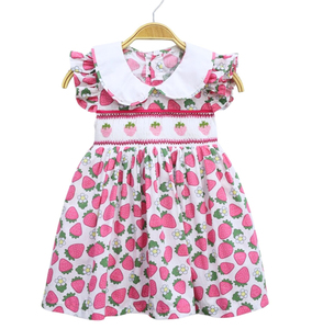 <b>Strawberry</b> <b>Print</b> Smocked <b>Dress</b> for Baby Girls, Peter Pan Collar Ruffle Sleeve Cotton Kids <b>Dress</b> - Product Image 1
