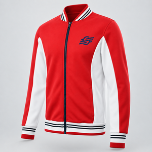 Veste universitaire rouge et blanche pour homme, fermeture éclair sur le devant, logo brodé, style sportif, coupe classique, col rabattu, vêtement d'extérieur en polaire - Product Image 2