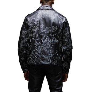 Veste d'hiver en cuir noir surdimensionnée à fermeture éclair, coupe ample, en cuir épais rembourré en coton, entièrement brodée, personnalisée OEM - Product Image 2