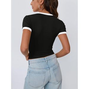 Trendy 2025 Y2K Top corto para mujer Top CORTO BÁSICO con cuello redondo y camisa de manga corta de bloque de color ajustada para el verano - Product Image 2