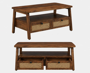 Table basse rectangulaire en bois de Sheesham de qualité supérieure avec centre en rotin, quatre tiroirs de rangement, table centrale moderne pour salon - Product Image 4