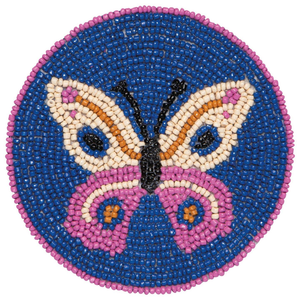 Sous-verre brodé de perles papillon en toile durable de 300 mm de diamètre, fait main, support de tasse en perles de rocaille, accessoire de table coloré - Product Image 1