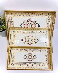 Plateau carré en bois de luxe moderne avec bord doré, motif géométrique, poignée intégrée, réutilisable, léger, écologique, compatible lave-vaisselle, pour les fêtes - Product Image 4
