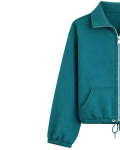 Sudadera corta de forro polar rojo brillante con cremallera completa para mujer, cuello polo, bolsillos delanteros, dobladillo con cordón ajustable, estilo casual y cálido para la calle - Product Image 2