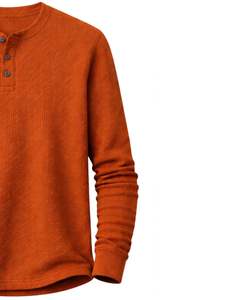 Camiseta térmica de manga larga para hombre, estilo waffle, color naranja quemado, informal, con cuello de botones, para invierno, de algodón, corte ajustado, tela transpirable - Product Image 4