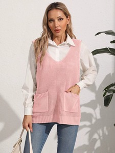 Pull sans manches pour femme, col en V, style coréen, fin, décontracté, tendance, doux, côtelé, automne-hiver, tricoté, avec poches - Product Image 3