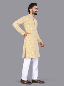 HENIXA CREATION Traje Tradicional Afgano de Piel Sintética con Diseño Chikankari Schifli, Corte Ajustado, Secado Rápido, para Hombre, Invierno y Verano - Product Image 3