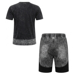 Conjunto de camiseta y pantalones cortos de algodón para hombre, cuello redondo, color sólido, ropa informal de verano, transpirable, teñido, conjunto de dos piezas. - Product Image 2