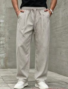 Pantalon large décontracté pour homme KLTW INT'L en lin et coton gris clair, taille élastique avec cordon de serrage, respirant et léger pour l'été - Product Image 5