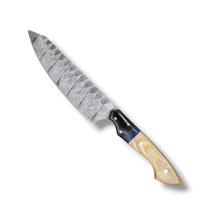 Couteau de chef personnalisé en acier Damas forgé à la main avec étui en cuir, lame pleine longueur, haute dureté, extra tranchant, manche en os et résine - Product Image 3
