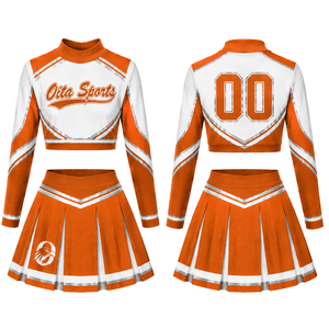 <b>Orange</b> White Printed Sublimated Cheer Long Sleeve Uniform Set <b>Pleated</b> <b>Skirt</b> Athletic Team Sportswear Training Practice - Product Image 1