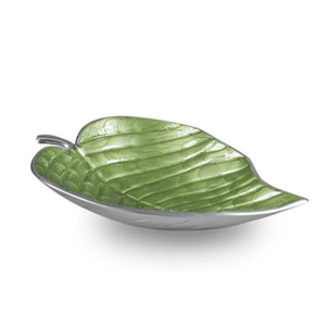 Plateau de service en métal en forme de feuille, motif végétal vert peint à la main, bord argenté, plat moderne pour fruits et en-cas - Product Image 1