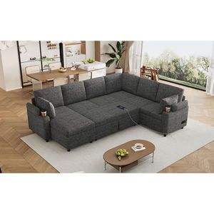 109.9 \ "divano letto a forma di U sezionale con ampio ripiano due portabicchieri e porte di ricarica Beige/grigio Versatile per soggiorno - Product Image 3