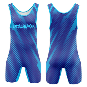 Combinaison de lutte unisexe sans manches, imprimée par sublimation, en polyester, avec short de compression ajusté, couleur unie bleue, à enfiler, avec imprimé lettres - Product Image 3