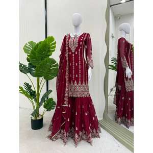 Ensemble de costume rouge taille XL pour soirée, avec travail de fils et de paillettes pour un look élégant, 1 kg - Product Image 2