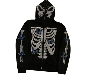 Men's Gothic Hooded Zipper <b>Jacket</b> With <b>Rhinestone</b> Skeleton And Butterfly Print Fleece Material Winter Style - Product Image 1