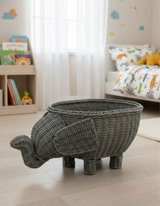 Wicker PP Sewing Elephant <b>Storage</b> <b>Basket</b> <b>Toy</b> Organizer Round Shape Modern Nursery Bin for Kids Bedroom - Product Image 1