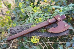 A&M ENTERPRISES Handmade Viking Long <b>Handle</b> <b>Axe</b> with Etched Steel Head Straight Wooden <b>Handle</b> and Matching Leather Sheath Knives - Product Image 2