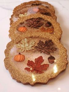 Glam Fall Resin Coasters with Leaves Pumpkins Acorns Irregular Shape Non-Slip <b>Mats</b> & Pads <b>Plastic</b> <b>Table</b> Decor Coaster Set - Product Image 1