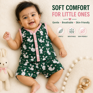 Ensemble T-shirt et short en tricot imprimé à col en V, motif lapin de dessin animé, bordure verte et rose, tenue décontractée d'été pour enfants - Product Image 6