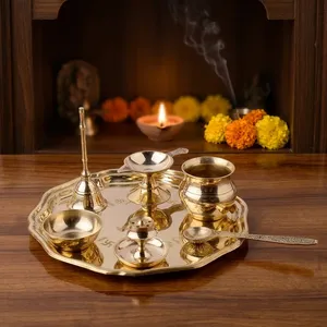 Juego de Thali de Metal Premium para Pooja con Diseño Grabado Shubh Labh, Acabado Dorado, Bandeja Decorativa para Puja con Campana Tradicional y Diya - Product Image 5