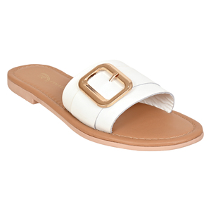 White Leather Slides Gold Buckle Open Toe Flat Sandals <b>Summer</b> Fashion Women's Light Weight Breathable Anti-Slippery Cushioning - Product Image 4