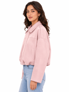 Livster Women's Cropped Pink <b>Suede</b> Bomber <b>Jacket</b> Breathable 100% Polyester Casual Short Drop-shoulder Long Sleeve - Product Image 2