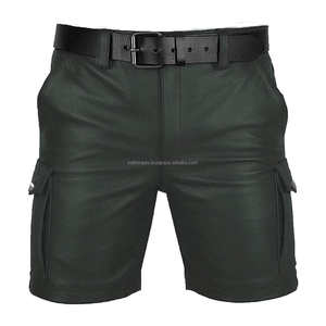 <b>Men's</b> Genuine Leather <b>Shorts</b> Green Biker Style Multi Pocket <b>Utility</b> for Outdoor Streetwear Casual Wear - Product Image 1