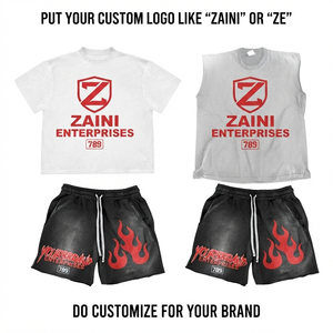 280 GSM Heavyweight Cotton French Terry T Shirt and Shorts <b>Set</b> White Black Custom DTF Print Embroidery Logo - Product Image 1