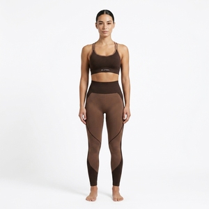 Women Brown <b>Racerback</b> Sports <b>Bra</b> High Waist Full Length Leggings Yoga Set Seamless Four-Way Stretch Activewear - Product Image 3