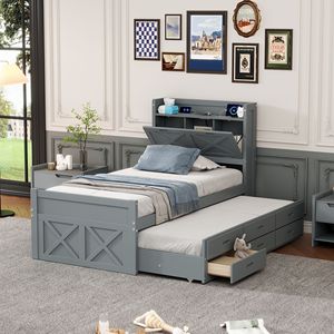 Letto singolo in legno grigio con testiera contenitore e prese, letto estraibile allungabile con tre cassetti, per bambini - Product Image 1