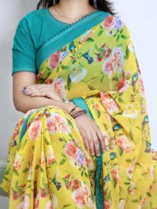 Sarees de Georgette con Estampado Floral en Varios Colores, Venta al Por Mayor, Prenda Tradicional India, Ligeros, con Borde de Encaje, Sarees de Chifón para Fiestas - Product Image 6