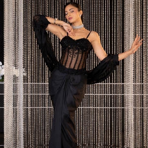 Black Designer Corset Skirt Cape <b>Set</b> | <b>Beaded</b> Mesh Bodice Drapery Skirt | Wrinkle-Free Floor-Length Evening Party Wear - Product Image 3