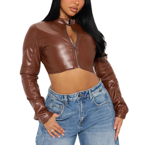 Chaqueta de Moto de Cuero Sintético Marrón para Mujer, Manga Larga, Cierre de Cremallera, Cuello Alto, Estilo Corto, Moda Otoñal - Product Image 5