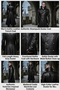 Black Leather Trench Coat Men Long <b>Gothic</b> Coat Double Breasted Leather Overcoat Victorian Style Coat Cosplay Winter <b>Jacket</b> - Product Image 5