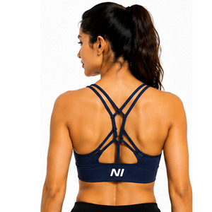 Women Seamless Sports Bra Crisscross Straps Scoop Neck Medium Support Breathable Fitness Workout Top Solid Navy Blue Nofyan Ind - Product Image 4